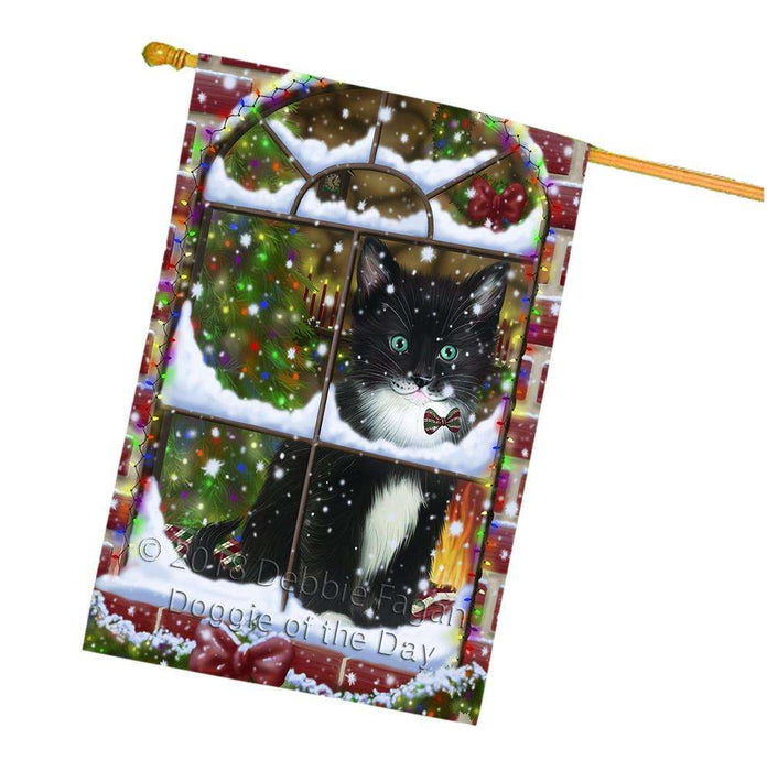 Please Come Home For Christmas Tuxedo Cat Sitting In Window House Flag FLG53848