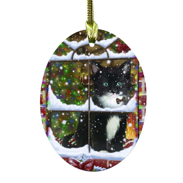 Please Come Home For Christmas Tuxedo Cat Sitting In Window Oval Glass Christmas Ornament OGOR49216