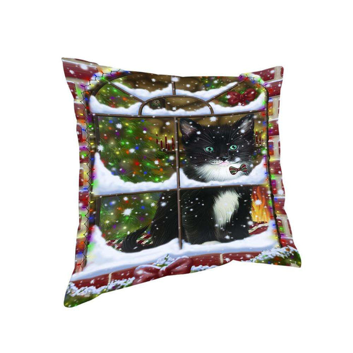 Please Come Home For Christmas Tuxedo Cat Sitting In Window Pillow PIL71224