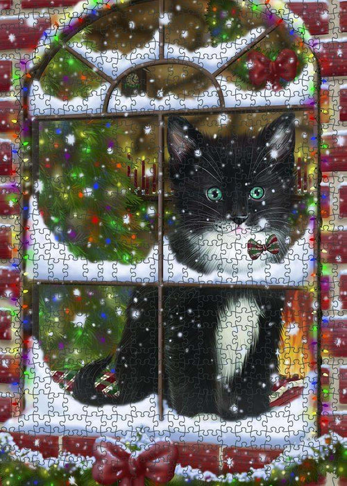 Please Come Home For Christmas Tuxedo Cat Sitting In Window Puzzle with Photo Tin PUZL81756