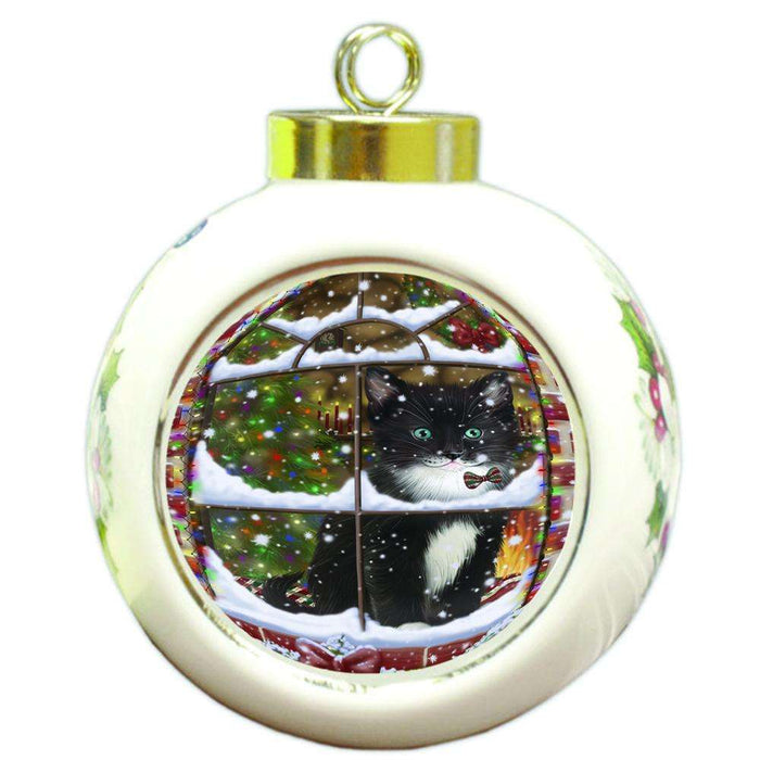 Please Come Home For Christmas Tuxedo Cat Sitting In Window Round Ball Christmas Ornament RBPOR53650