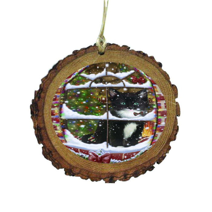 Please Come Home For Christmas Tuxedo Cat Sitting In Window Wooden Christmas Ornament WOR49216