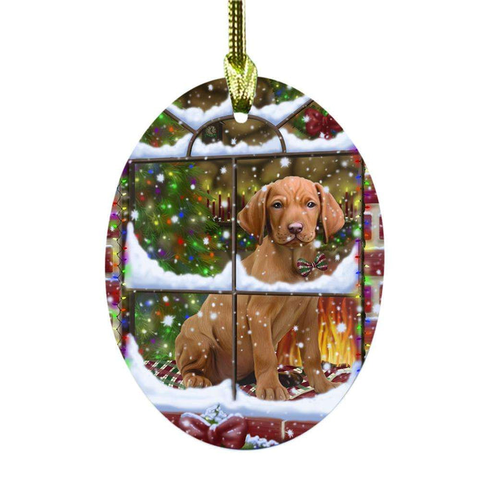 Please Come Home For Christmas Vizsla Dog Sitting In Window Oval Glass Christmas Ornament OGOR49217