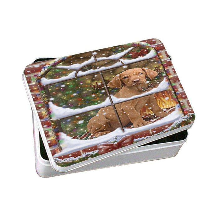 Please Come Home For Christmas Vizsla Sitting In Window Photo Storage Tin