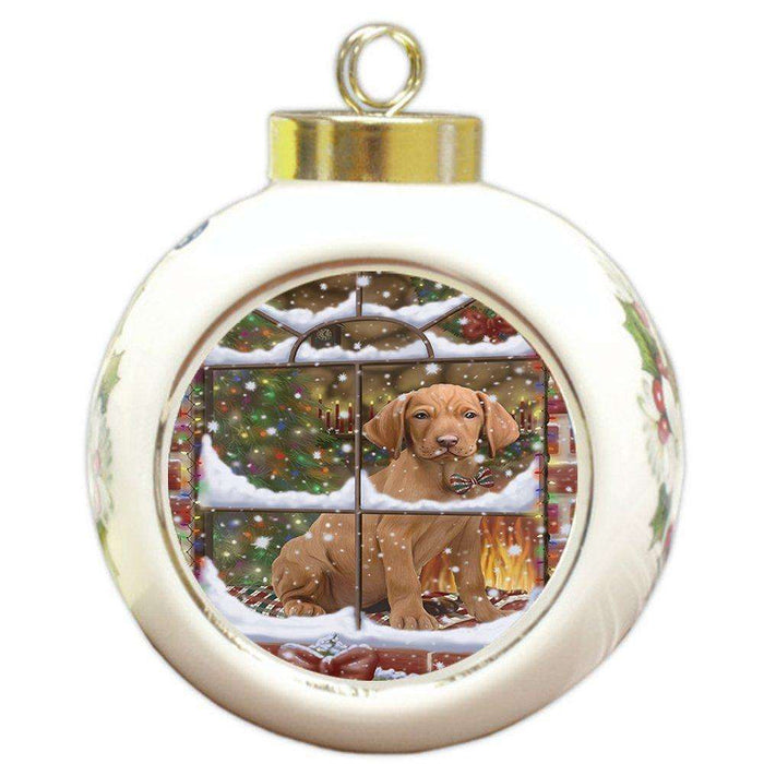 Please Come Home For Christmas Vizsla Sitting In Window Round Ball Ornament