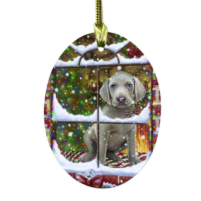 Please Come Home For Christmas Weimaraner Dog Sitting In Window Oval Glass Christmas Ornament OGOR49218