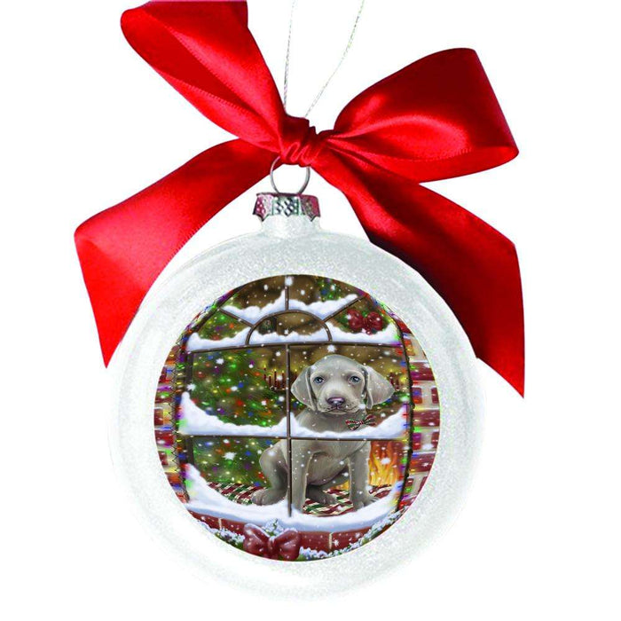 Please Come Home For Christmas Weimaraner Dog Sitting In Window White Round Ball Christmas Ornament WBSOR49218