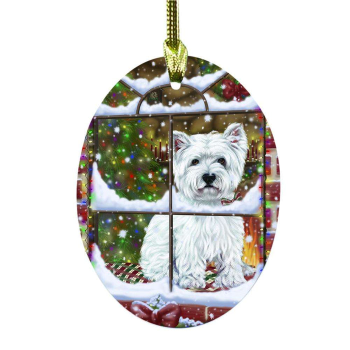Please Come Home For Christmas West Highland Terrier Dog Sitting In Window Oval Glass Christmas Ornament OGOR49219