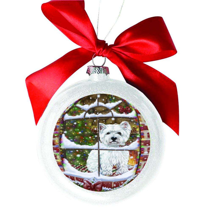 Please Come Home For Christmas West Highland Terrier Dog Sitting In Window White Round Ball Christmas Ornament WBSOR49219
