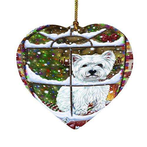 Please Come Home For Christmas West Highland Terriers Dog Sitting In Window Heart Ornament D377