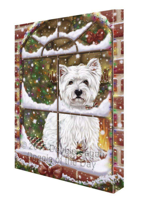 Please Come Home For Christmas West Highland Terriers Dog Sitting In Window Painting Printed on Canvas Wall Art