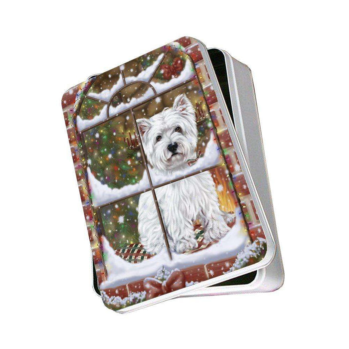 Please Come Home For Christmas West Highland Terriers Dog Sitting In Window Photo Storage Tin