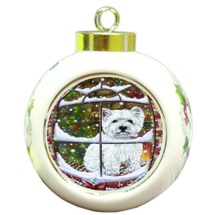 Please Come Home For Christmas West Highland Terriers Dog Sitting In Window Round Ball Ornament D405