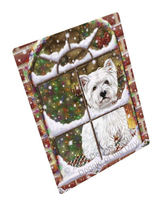 Please Come Home For Christmas West Highland Terriers Dog Sitting In Window Tempered Cutting Board