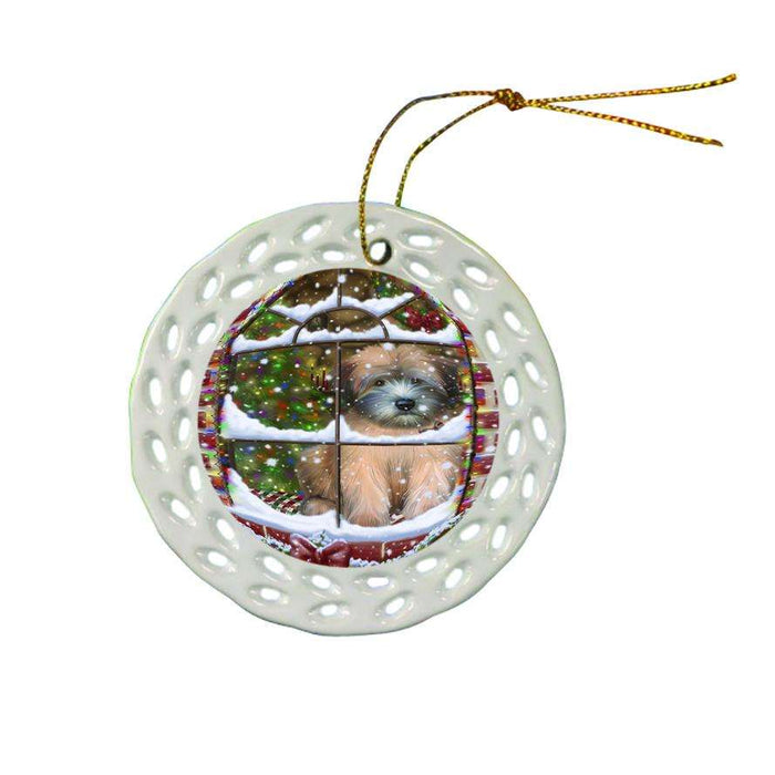 Please Come Home For Christmas Wheaten Terrier Dog Sitting In Window Ceramic Doily Ornament DPOR53651