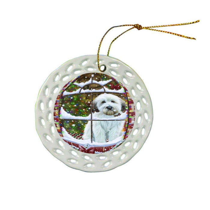 Please Come Home For Christmas Wheaten Terrier Dog Sitting In Window Ceramic Doily Ornament DPOR53652