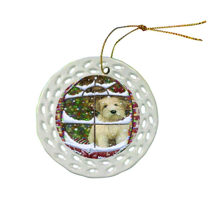 Please Come Home For Christmas Wheaten Terrier Dog Sitting In Window Ceramic Doily Ornament DPOR53653