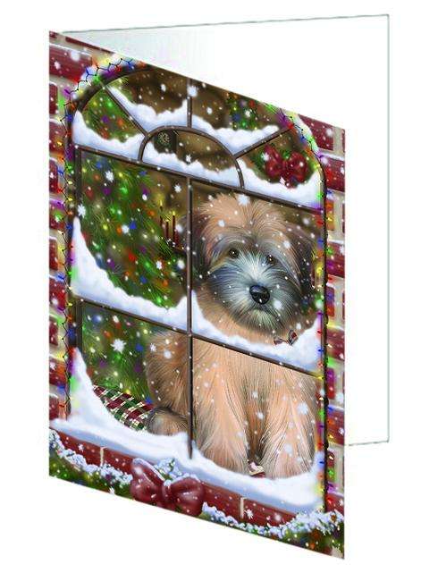 Please Come Home For Christmas Wheaten Terrier Dog Sitting In Window Handmade Artwork Assorted Pets Greeting Cards and Note Cards with Envelopes for All Occasions and Holiday Seasons GCD64982