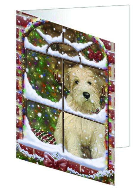 Please Come Home For Christmas Wheaten Terrier Dog Sitting In Window Handmade Artwork Assorted Pets Greeting Cards and Note Cards with Envelopes for All Occasions and Holiday Seasons GCD64988