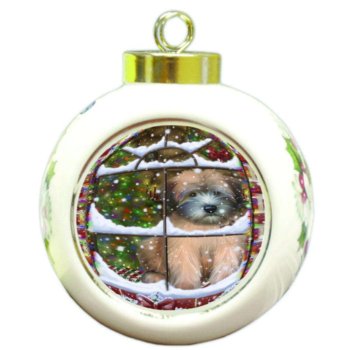 Please Come Home For Christmas Wheaten Terrier Dog Sitting In Window Round Ball Christmas Ornament RBPOR53651