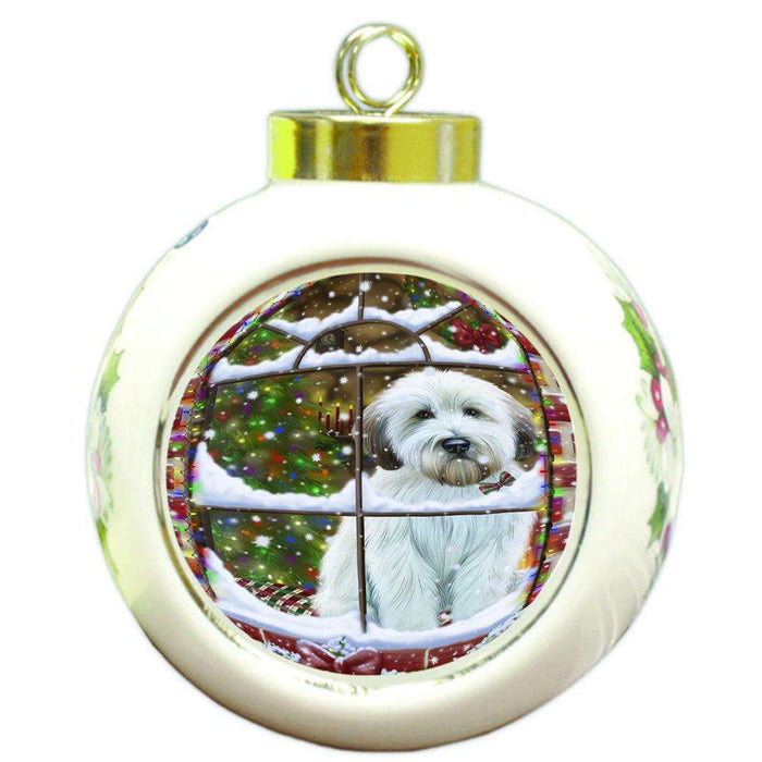 Please Come Home For Christmas Wheaten Terrier Dog Sitting In Window Round Ball Christmas Ornament RBPOR53652