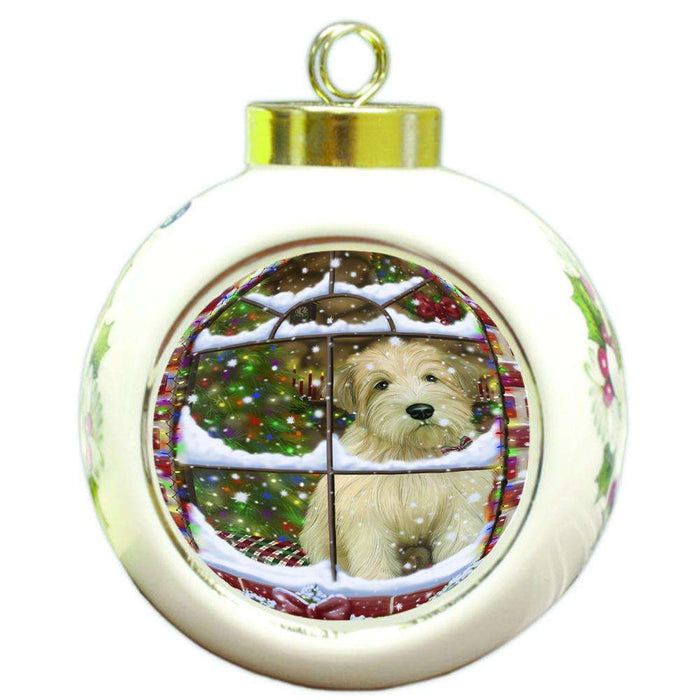 Please Come Home For Christmas Wheaten Terrier Dog Sitting In Window Round Ball Christmas Ornament RBPOR53653