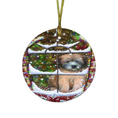 Please Come Home For Christmas Wheaten Terrier Dog Sitting In Window Round Flat Christmas Ornament RFPOR53642