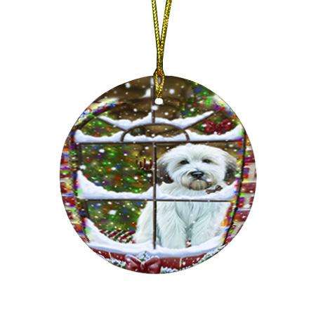 Please Come Home For Christmas Wheaten Terrier Dog Sitting In Window Round Flat Christmas Ornament RFPOR53643