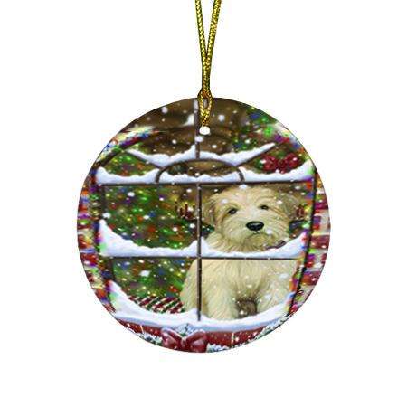 Please Come Home For Christmas Wheaten Terrier Dog Sitting In Window Round Flat Christmas Ornament RFPOR53644