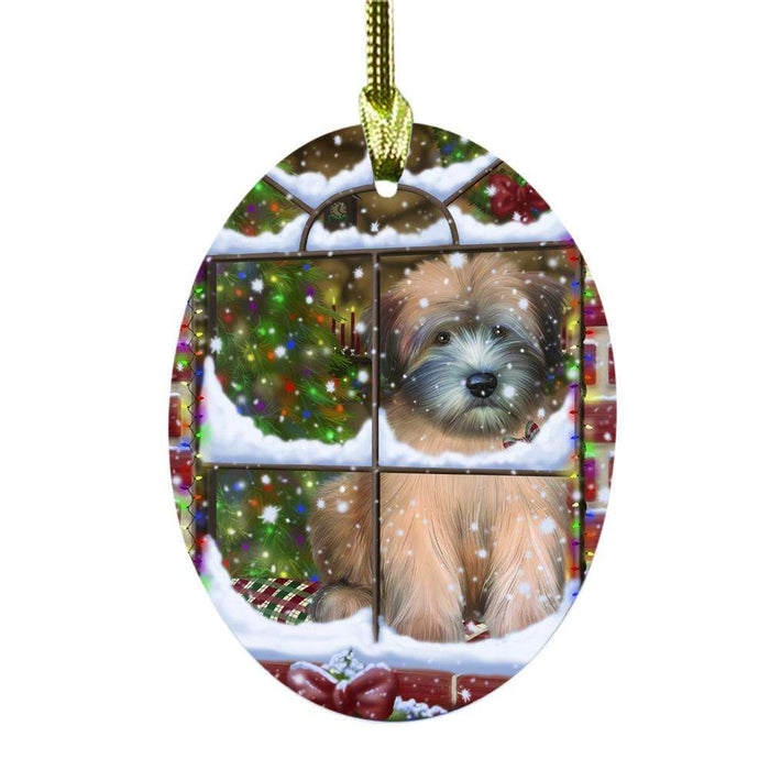 Please Come Home For Christmas Wheaten Terrier Dog Sitting In Window Oval Glass Christmas Ornament OGOR49220