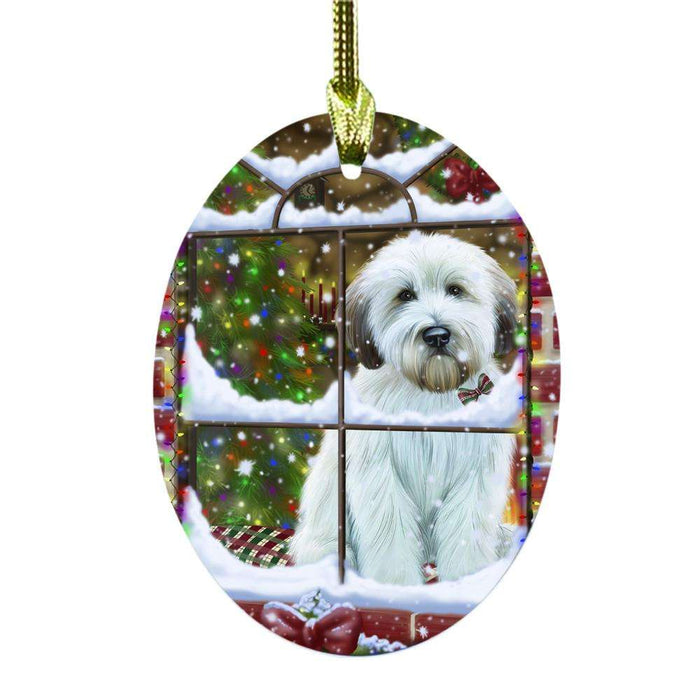 Please Come Home For Christmas Wheaten Terrier Dog Sitting In Window Oval Glass Christmas Ornament OGOR49221