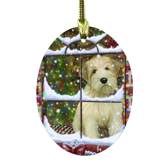 Please Come Home For Christmas Wheaten Terrier Dog Sitting In Window Oval Glass Christmas Ornament OGOR49222