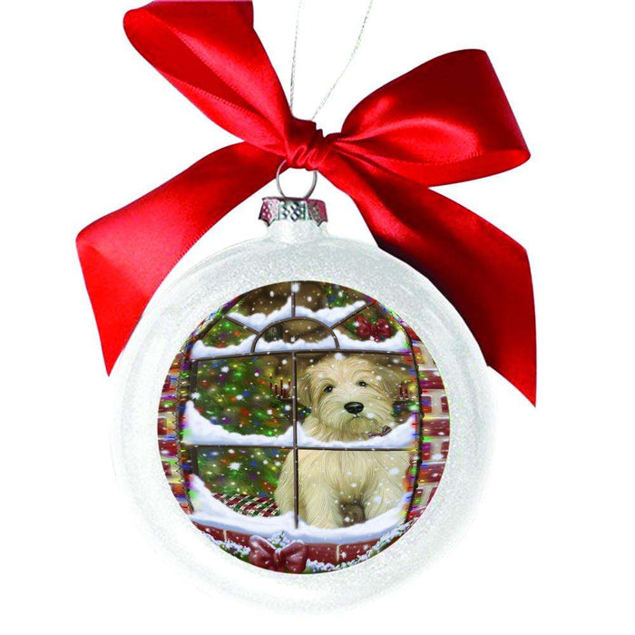 Please Come Home For Christmas Wheaten Terrier Dog Sitting In Window White Round Ball Christmas Ornament WBSOR49222