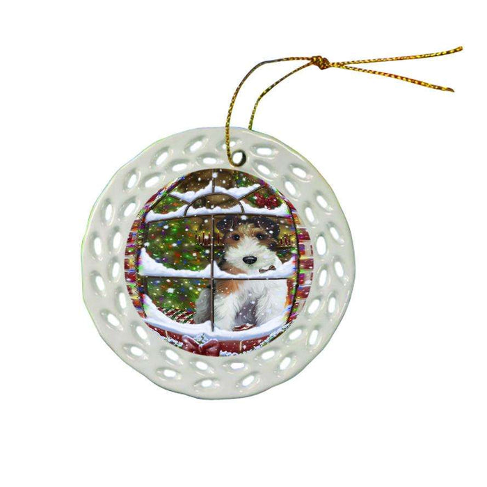 Please Come Home For Christmas Wire Fox Terrier Dog Sitting In Window Ceramic Doily Ornament DPOR53655