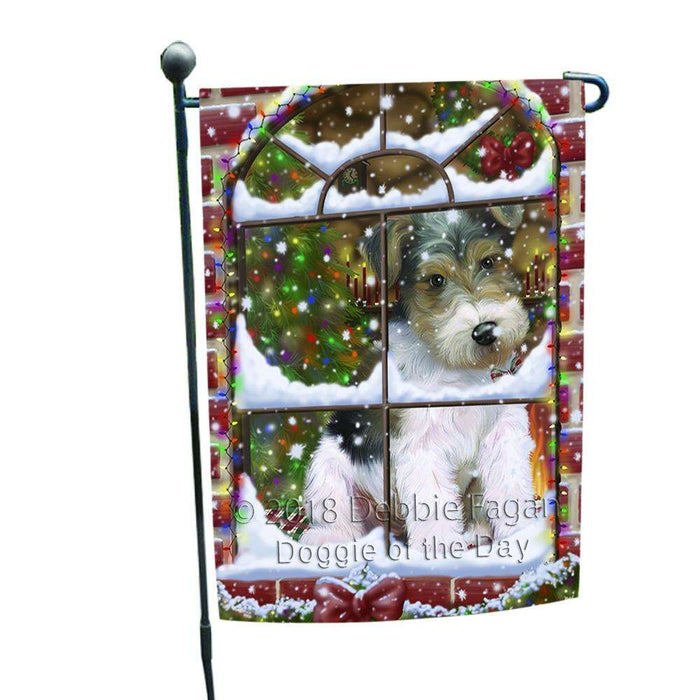 Please Come Home For Christmas Wire Fox Terrier Dog Sitting In Window Garden Flag GFLG53716