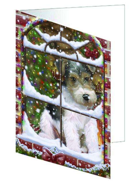 Please Come Home For Christmas Wire Fox Terrier Dog Sitting In Window Handmade Artwork Assorted Pets Greeting Cards and Note Cards with Envelopes for All Occasions and Holiday Seasons GCD64991