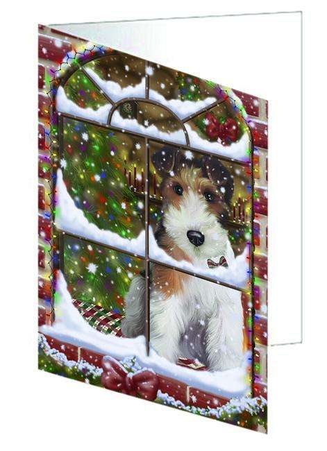 Please Come Home For Christmas Wire Fox Terrier Dog Sitting In Window Handmade Artwork Assorted Pets Greeting Cards and Note Cards with Envelopes for All Occasions and Holiday Seasons GCD64994