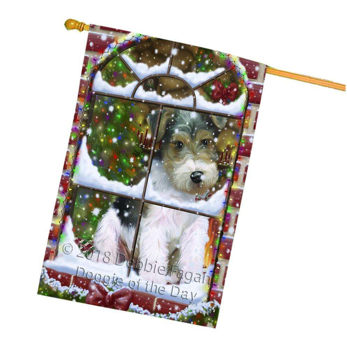Please Come Home For Christmas Wire Fox Terrier Dog Sitting In Window House Flag FLG53852
