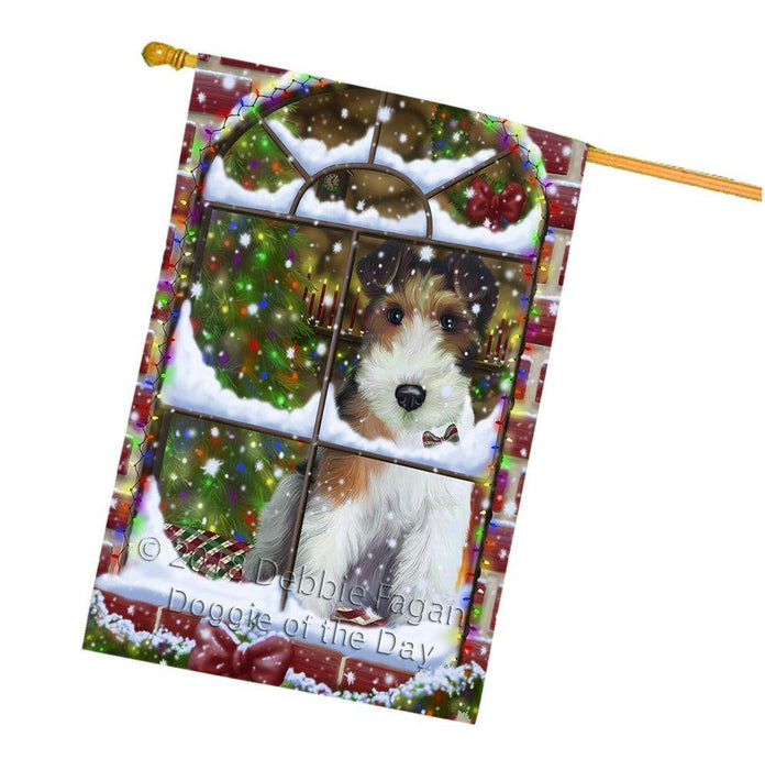 Please Come Home For Christmas Wire Fox Terrier Dog Sitting In Window House Flag FLG53853