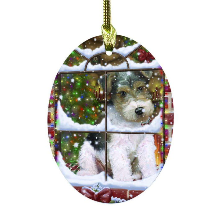 Please Come Home For Christmas Wire Fox Terrier Dog Sitting In Window Oval Glass Christmas Ornament OGOR49223