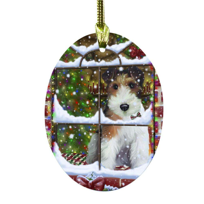 Please Come Home For Christmas Wire Fox Terrier Dog Sitting In Window Oval Glass Christmas Ornament OGOR49224