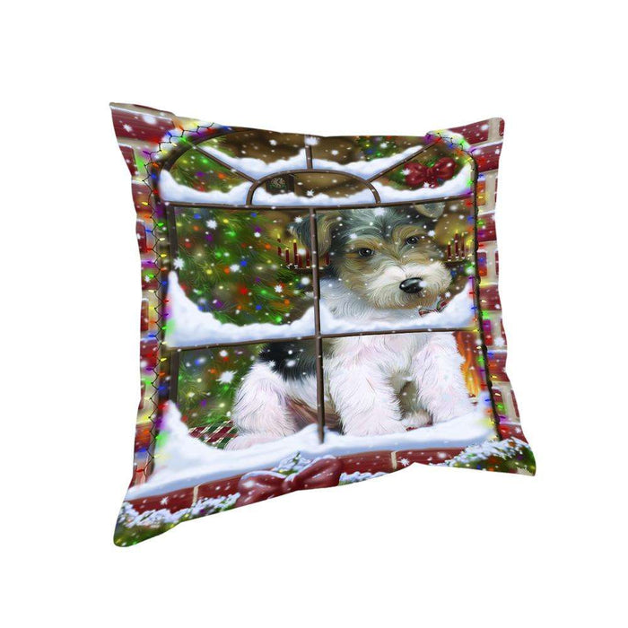 Please Come Home For Christmas Wire Fox Terrier Dog Sitting In Window Pillow PIL71240