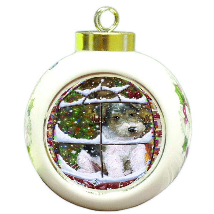 Please Come Home For Christmas Wire Fox Terrier Dog Sitting In Window Round Ball Christmas Ornament RBPOR53654