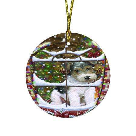Please Come Home For Christmas Wire Fox Terrier Dog Sitting In Window Round Flat Christmas Ornament RFPOR53645