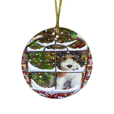 Please Come Home For Christmas Wire Fox Terrier Dog Sitting In Window Round Flat Christmas Ornament RFPOR53646