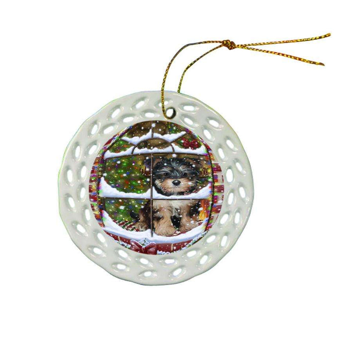Please Come Home For Christmas Yorkipoo Dog Sitting In Window Ceramic Doily Ornament DPOR53657