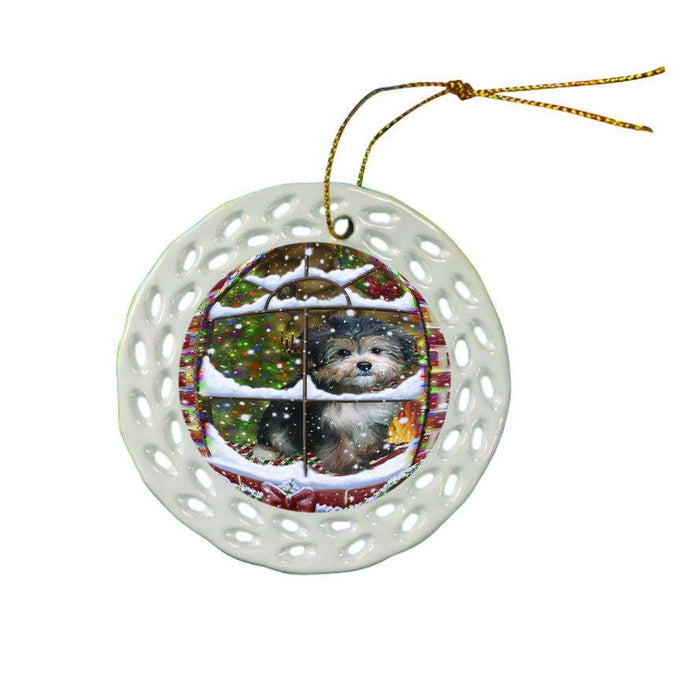 Please Come Home For Christmas Yorkipoo Dog Sitting In Window Ceramic Doily Ornament DPOR53658