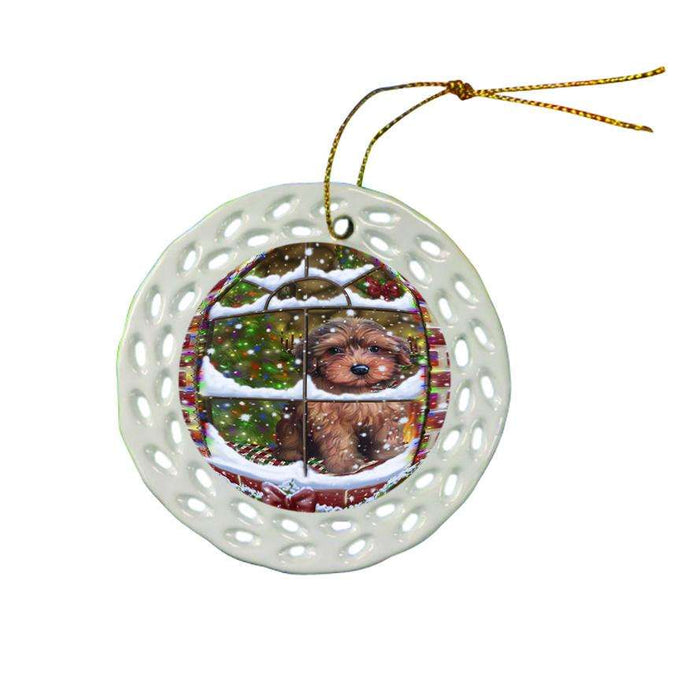 Please Come Home For Christmas Yorkipoo Dog Sitting In Window Ceramic Doily Ornament DPOR53659