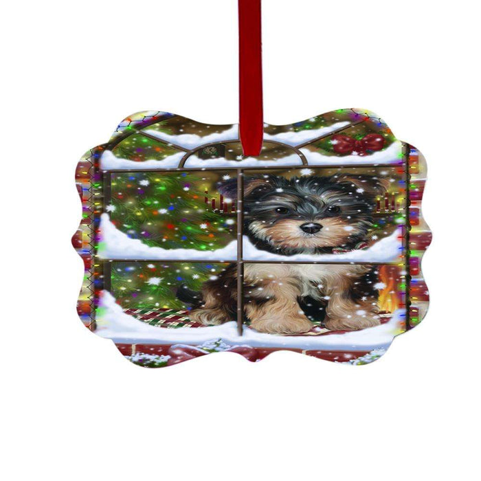 Please Come Home For Christmas Yorkipoo Dog Sitting In Window Double-Sided Photo Benelux Christmas Ornament LOR49226