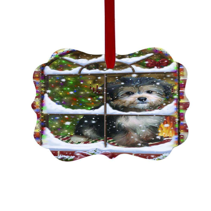 Please Come Home For Christmas Yorkipoo Dog Sitting In Window Double-Sided Photo Benelux Christmas Ornament LOR49227